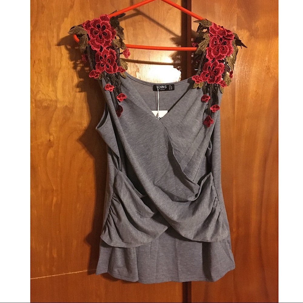 Gray tank with red floral embroidered sleeves